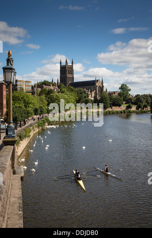 Les rameurs sur la rivière Severn donnant sur la cathédrale de Worcester Banque D'Images