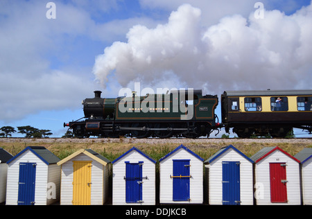 Train à vapeur au-dessus de cabines colorées à Torbay, Goodrington, South Devon, England UK Banque D'Images