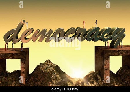 Illustration du mot démocratie en 3d, l'arrière-plan d'un pont dans un paysage. Banque D'Images