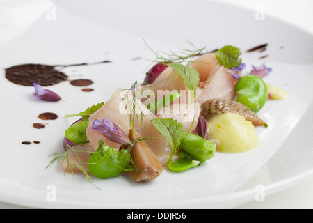 Hamachi Crudo avec sushi et cornichons à l'ail noir Banque D'Images