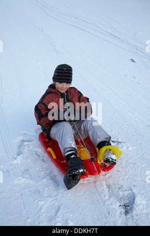 Jeune garçon sur la neige en traîneau, Dunedin, Otago, île du Sud, Nouvelle-Zélande Banque D'Images