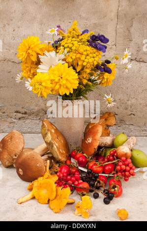 Still Life bouquet de fleurs jaunes et de camomille avec boletus edulis et champignons girolles Banque D'Images