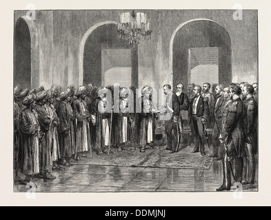 La question de l'ESCLAVAGE EN AFRIQUE DE L'EST : LA RÉCEPTION DE SIR BARTLE FRERE DANS DURBAR PAR LE SULTAN DE ZANZIBAR, 1873 Banque D'Images