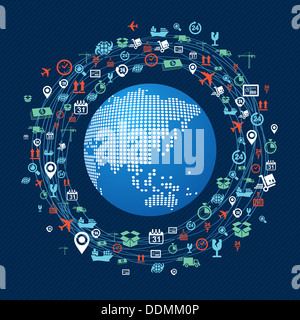 Concept d'expédition cercle autour du réseau des icônes de la planète Terre, en mettant l'accent sur l'Asie. Fichier vecteur en couches pour l'édition facile. Banque D'Images
