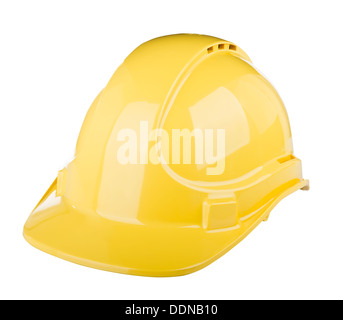 Casque utilisé sur chantier de construction de couleur jaune isolated on white Banque D'Images