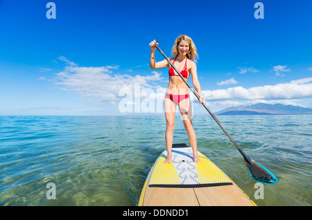 Attractive Woman on Stand Up Paddle Board, SUP, Hawaii, l'océan bleu tropical Banque D'Images