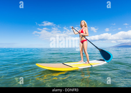 Attractive Woman on Stand Up Paddle Board, SUP, Hawaii, l'océan bleu tropical Banque D'Images