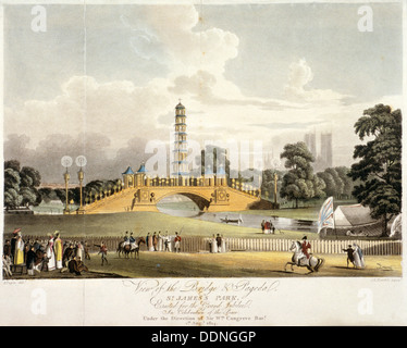 Vue sur le pont de la pagode chinoise et à St James's Park, Londres, 1814. Artiste : JR Hamble Banque D'Images