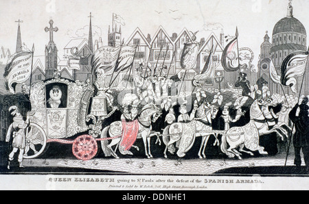 La reine Elizabeth I voyageant en car à St Paul's après la défaite de l'Armada espagnole, c1840. Artiste : Anon Banque D'Images