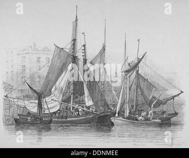 Vue sur quai avec des bateaux d'huîtres Billingsgate, City of London, 1830. Artiste : Edward William Cooke Banque D'Images