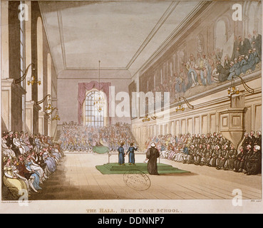 Vue de l'intérieur du hall de l'hôpital du Christ, avec un événement qui a lieu, ville de Londres, 1808. Artiste : Charles Augustus Pugin Banque D'Images