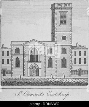 Vue Ouest de l'église de St Clément, Eastcheap, ville de Londres, 1750. Artiste : Anon Banque D'Images