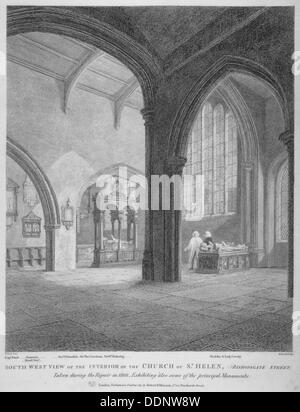 Vue de l'intérieur sud-ouest de l'église de St Helen, Bishopsgate, City of London, 1817. Artiste : Bartholomew Howlett Banque D'Images