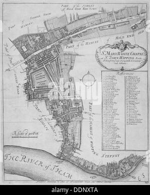 La carte des paroisses de St Mary, Whitechapel et St John, Wapping, à Stepney, Londres, 1755. Artiste : Anon Banque D'Images