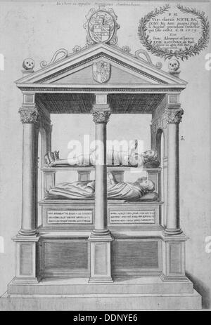 Monument de Sir Nicholas Bacon dans de vieux la Cathédrale St Paul, la ville de Londres, 1656. Wenceslaus Hollar : artiste Banque D'Images