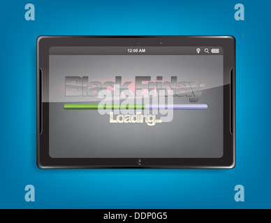 Ordinateur tablette avec le message "vendredi noir" et une barre de chargement sur l'écran. Banque D'Images