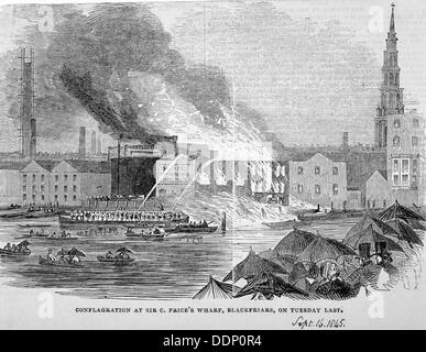 Destruction de Sir C Prix de l'huile de l'entrepôt et quai, William Street, Blackfriars, Londres, 1845. Artiste : Anon Banque D'Images