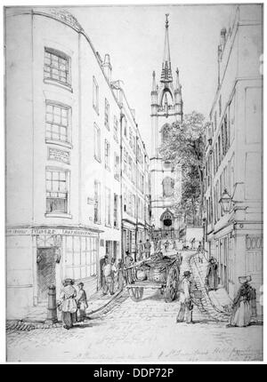 L'église de St Dunstan dans l'Est et St Dunstan's Hill de Lower Thames Street, Londres, 1827. Artiste : Edward William Cooke Banque D'Images