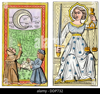 Jouer-cartes de la Lune (à gauche) et de justice (à droite) de la cour de Charles VI, France, vers 1400. À la main, gravure sur bois Banque D'Images