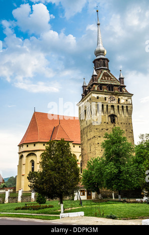 Église évangélique fortifiée Saschiz en Transylvanie, Roumanie Banque D'Images