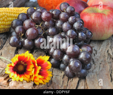 Bouquet de raisins noirs avec des pommes rouges sur fond de bois Banque D'Images