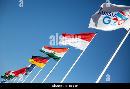 Saint-pétersbourg, Russie. Le 06 août, 2013. Drapeaux des États du G20 sont représentés au sommet du G20. Le sommet du G20 aura lieu du 05 au 06 septembre. Photo : Kay Nietfeld/dpa/Alamy Live News Banque D'Images