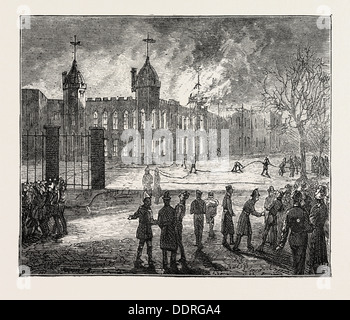 L'INCENDIE À L'Académie militaire royale de Woolwich, UK : LA SCÈNE À 6h15 : LE NORD TOUR est brûlant, gravure 1873 Banque D'Images