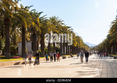 Les gens qui marchent le long de la promenade de palmiers à Salou Banque D'Images