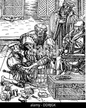 Médecine, chirurgie, amputation, amputation de jambe avec une scie d'os, coupe de bois, vers 1530, droits additionnels-Clearences-non disponible Banque D'Images