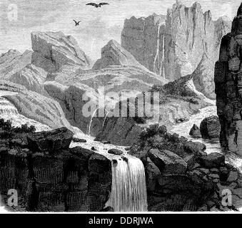 Religion, monde antique, mythologie grecque, rivière Styx, gravure en bois, 19e siècle, 19e siècle, graphique, graphiques, paysage, paysages, montagnes, montagne, montagne, étendue d'eaux, rivière, rivières, cascade, chutes d'eau, chutes, frontière, frontière, transitions, monde souterrain, sous-mondes, au-delà, au-delà, monde historique, Hadès, religion, religions, monde antique, temps grec, temps historique, grec, Monde antique, droits supplémentaires-Clearences-non disponible Banque D'Images