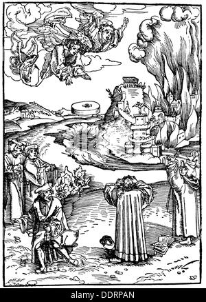 Littérature, Bible, Bible de septembre, Livre de l'Apocalypse, destruction de Babylone, coupe de bois par Lucas Cranch l'aîné (vers 1475 - 1553), imprimé: Melchior Lotter, Wittenberg, 1522, droits additionnels-Clearences-non disponible Banque D'Images