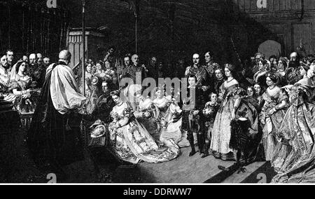 Frederick Iii, 18.10.1831 - 15.6.1888, Empereur Allemand 9.3. - 15.6.1888, mariage avec la princesse Victoria Adelaide de Grande-Bretagne, Chapelle Royal, Saint James Palace, Londres, 25.1.1857, gravure en bois après peinture par John Philip, Banque D'Images