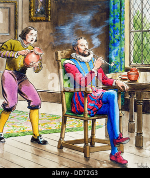 Sir Walter Raleigh fumant une pipe, (c1900). Artiste : Trelleek Banque D'Images