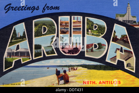 "Salutations de Aruba, Antilles néerlandaises, carte postale, 1950. Artiste : Inconnu Banque D'Images