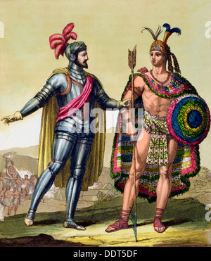 La rencontre entre Hernando Cortes et Montezuma II, Mexique, 1519 (c1820-1839). Artiste : Gallo Gallina Banque D'Images