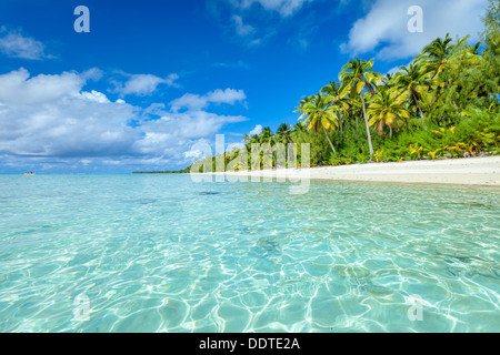 Les îles Cook, l'île d'Aitutaki, tropical plage de sable blanc aux eaux turquoises et de palmiers - Amuri Beach, South Pacific Banque D'Images