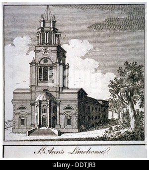 Vue sud-ouest de l'église de St Anne, Limehouse, Londres, c1750. Artiste : Anon Banque D'Images