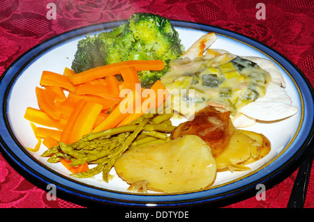 Poulet en sauce moutarde poireaux et avec des légumes frais. Banque D'Images