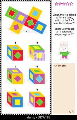 Énigme mathématique visuelle (convient à la fois pour les enfants et adultes) : Lorsque le 1 est pliée pour former un cube, lequel des 2 - 7 peuvent être produites ? Banque D'Images