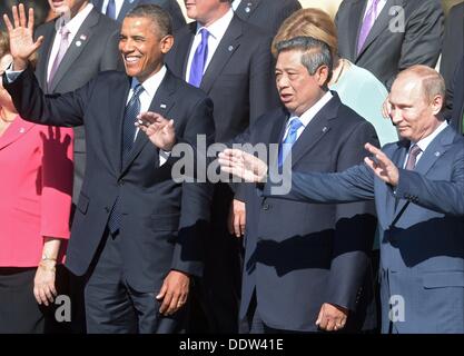 Saint-pétersbourg, Russie. 6e août, 2013. Président de la Fédération de Russie Vladimir Poutine, Président de la République de l'Indonésie Susilo Bambang Yudhoyono et le président des États-Unis d'Amérique Barack Obama (droite à gauche) à la photo de groupe officielle session au sommet des dirigeants du G20, à Saint-Pétersbourg, en Russie le 6 septembre 2013. Crédit obligatoire : Host Photo Agency via CNP Crédit : afp photo alliance/Alamy Live News Banque D'Images