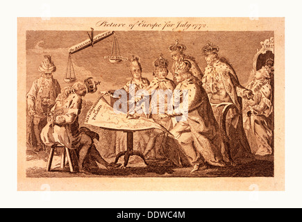 Photo de l'Europe pour juillet 1772, Catherine II, Léopold II, et Frederick William II assis à table sur laquelle repose un plan de Banque D'Images