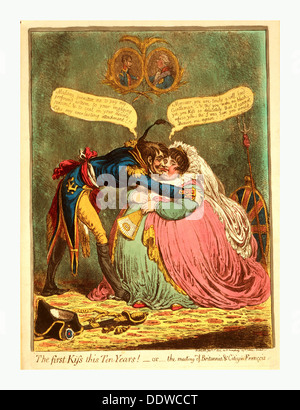 Le premier baiser ce dix ans ! - Ou - la réunion de Britannia & François Citoyen, Gillray, James, 1756, graveur, 1815 [London] Banque D'Images