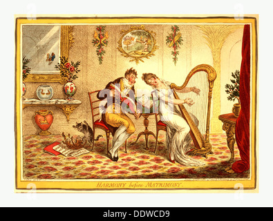 L'harmonie avant le mariage, Gillray, James, 1756-1815, graveur, [Paris], 1805, une jeune femme et un jeune homme habillé à la mode Banque D'Images