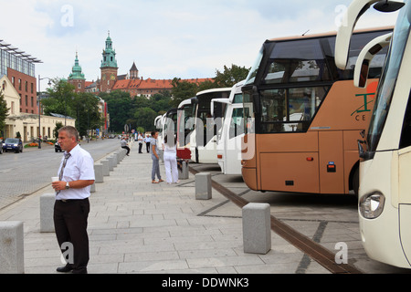 Une ligne de bus touristiques sur un parking près de château de Wawel à Cracovie, Pologne. Banque D'Images