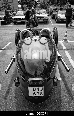 Location de Morgan, vue arrière, V-Twin, le trois-roues (noir et blanc) Banque D'Images