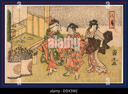 Hazuki, huitième mois. [Entre ca. 1818 et 1830], 1 tirage : gravure sur bois, couleur ; 11,3 x 17 cm., Imprimer affiche trois femmes à un Banque D'Images