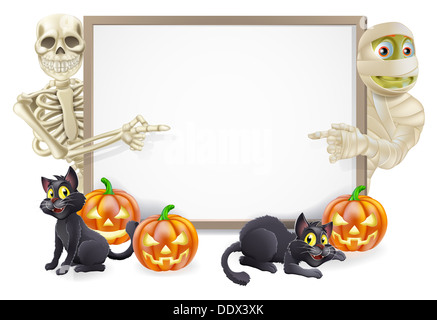 Signe de l'halloween avec bannière citrouilles d'Halloween orange et noir, les chats de la sorcière à balai, cartoon squelette et caractères de maman Banque D'Images