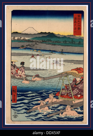 Ouigawa Shunen, Oi River dans Shun'en. 1858., 1 : impression gravure sur bois, couleur ; 36 x 24,6 cm, impression a des Porteurs pour transporter des passagers Banque D'Images