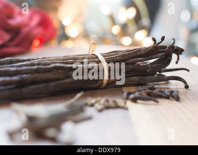 Gousses de vanille avec des épices comme la cannelle, cardamome et rutilant holiday lights. Banque D'Images