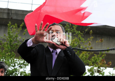 Londres, Royaume-Uni. Sep 8, 2013. Un orateur, parle aux manifestants contre DSEI Ventes d'armes à Londres. Credit : Voir Li/Alamy Live News Banque D'Images